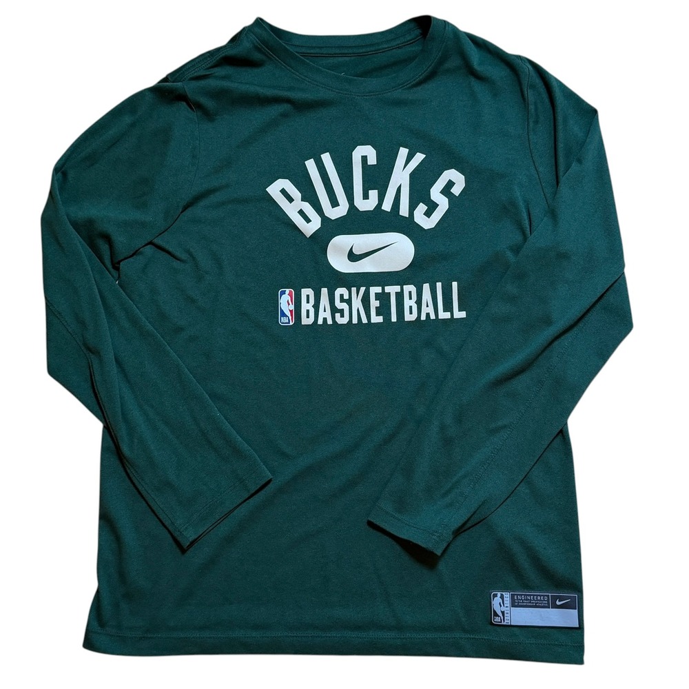 Nike Milwaukee Bucks Shirt Youth Large 14/16 Green NBA EUC Dri‎ Fit Long Slv